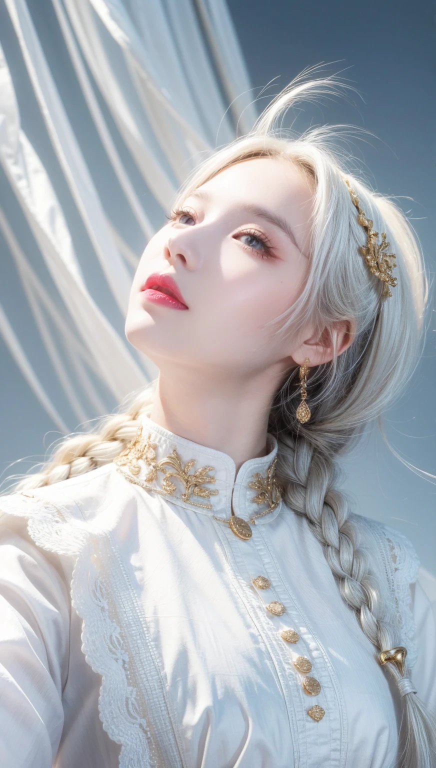 best quality, masterpiece,white hair, gold eyes,white clothes, looking up, upper body,hair strand,Fair skin,side braids