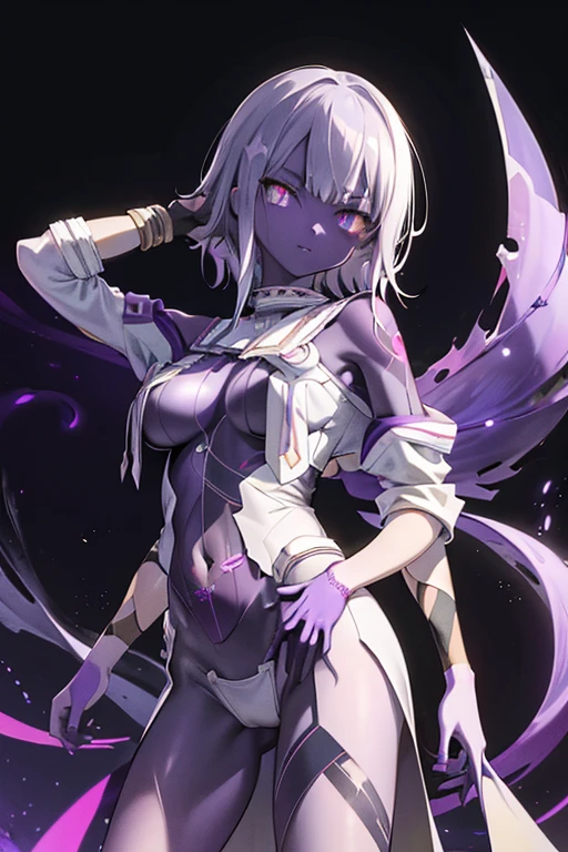 Horror Art, (Dark Anime Alien Girl), (((((Purple skin))))), (((((White Steel Hair))))), bright, Black cloth, sharp short clothes, Dark fantasy setting, Dark Cave,Ray Tracing, masterpiece, Highest quality, super high quality, Absurd detailed, best Light, Best Shadow, sharp, sharp image, detailed, extremely detailed, Incredible resolution, 8k, 4K, Ultra-high resolution, Particle Effects, Beautiful Effects, Vibrant colors, neon Light, neon, Light,(corruption:1.2),(Hollow Eyes:1.2),(Groin tattoo:1.3),(Lower abdomen tattoo:1.3),(masterpiece), (Highest quality), (Super detailed), One girl, Red eyes