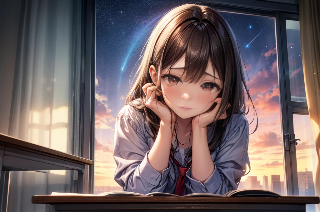 masterpiece, best quality, high quality, detailed, ultra detailed, hyper detailed, insanely detailed, exquisite, beautiful, FHD, Full-HD, 4K, 8K, 16K, highres, absurdres, a girl, sad, crying, streaming tears, wiping tears, looking down, semi long, brown hair, brown eyes, pale skin, , Sad Scene, in the classroom, with a starry sky, with a nebula, in the evening, beautiful