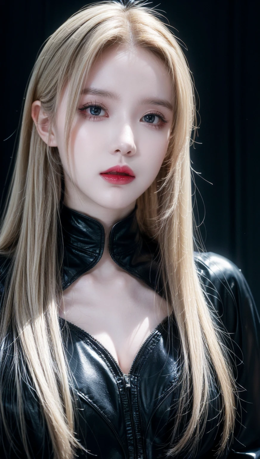 ((masterpiece)), ultra-realistic, portrait of a beautiful pale-skinned vampire with (black enamel), a deep dark makeup, bright blue eyes, in a dark and gloomy environment. (Prompt is in Portuguese)