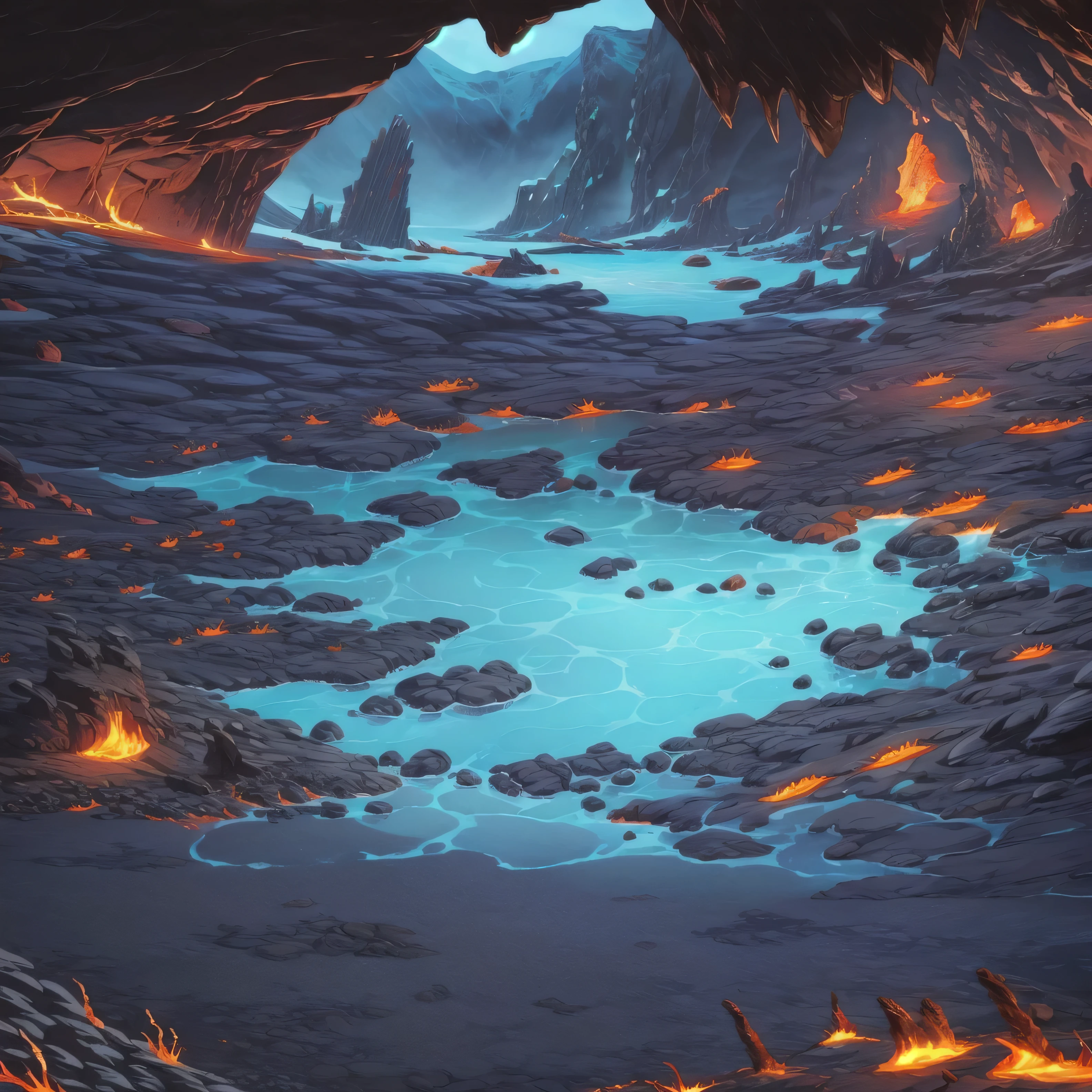 concept art, Horizontal Scene, horizon composition, There are no humans, sight, cave, rock, volcanic area, lava