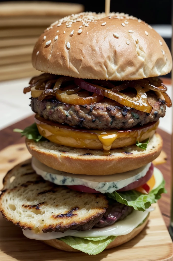 styled: Realistic high definition photography Size: 3840 x 2160 pixels (4k uhd)
context: nblurry background, with main focus on the burger Composition:
Bread: Bread australiano escuro com uma crosta levemente polvilhada com farinha
Queijo: Slightly melted gorgonzola cheese Onion: Caramelized onions, with a golden brown color and soft texture Meat: just a juicy beef burger, well grilled with visible grill marks, showing a juicy, rosy Bacon interior: Crispy de bacon, crunchy and reddish in color Additional Details: Drops of meat juice running down, highlighting the juiciness of the burger; a slight smoke coming out to show that the burger is hot Lighting: soft natural light, highlighting the textures and colors of the ingredients Angle: Close-up with a slightly tilted angle to capture the layer of ingredients Description: A gourmet burger with Australian bread, melted gorgonzola cheese, Caramelized onions, just a juicy beef burger and crispy bacon, everything in high definition and with realistic details that highlight the quality and flavor of the dish.