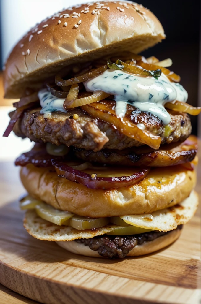 styled: Realistic high definition photography Size: 3840 x 2160 pixels (4k uhd)
context: nblurry background, with main focus on the burger Composition:
Bread: Bread australiano escuro com uma crosta levemente polvilhada com farinha
Queijo: Slightly melted gorgonzola cheese Onion: Caramelized onions, with a golden brown color and soft texture Meat: just a juicy beef burger, well grilled with visible grill marks, showing a juicy, rosy Bacon interior: Crispy de bacon, crunchy and reddish in color Additional Details: Drops of meat juice running down, highlighting the juiciness of the burger; a slight smoke coming out to show that the burger is hot Lighting: soft natural light, highlighting the textures and colors of the ingredients Angle: Close-up with a slightly tilted angle to capture the layer of ingredients Description: A gourmet burger with Australian bread, melted gorgonzola cheese, Caramelized onions, just a juicy beef burger and crispy bacon, everything in high definition and with realistic details that highlight the quality and flavor of the dish.