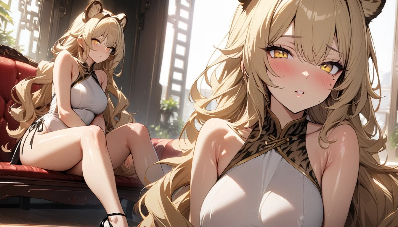 1girl、(((best quality)), ((masterpiece)), (details), masterpiece, best quality, high quality, ulutra detailed, perfect face, ((1girl, blond eyes, tiger ears: 1.3 blond long hair: 2.5,Mole under left eye:2.0))、Shiny Hair、Glowing Skin、Lustful look、China dress、Sitting on a Chinese-style sofa、Stiletto heels、