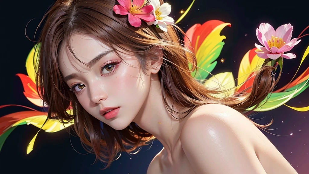 One girl, alone, flower畑, flower, (Official Art, unity 8k wallpaper, Super detailed, beautifully、aesthetic, masterpiece ,Highest quality:1.3), (Dynamic Angle:1.4), (Floating colorful sparkles:1) , elegant, Vibrant colors, Highly detailed face, Detailed eyes, Glowing Skin, Glossy Lips , Red and yellow background, Brown short hair,