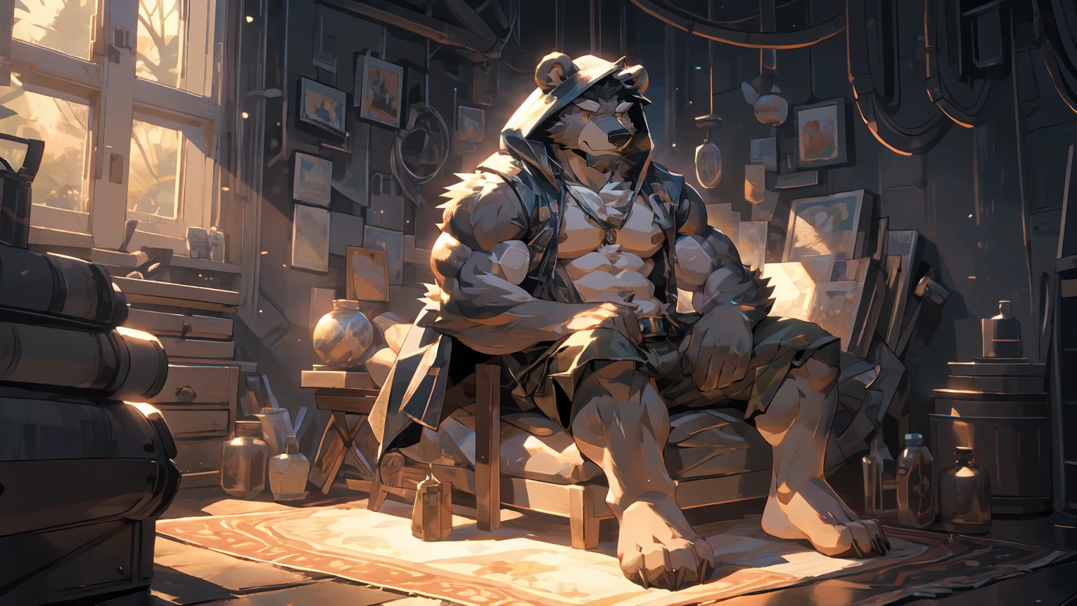 (masterpiece:1.2), best quality,pixiv,official art,perfect anatomy, (Ray tracing, light),solo, (1_male:1.3) , (muscle), (grey fur:1.4), (muscle bear), (beard:1.2), (gleaming golden eyes), bear tail, Thick black eyebrows, (open hooded parka) , (naked inside:1.2), cargo shorts, barefoot , french window, indoor , fur carpet , cushion 