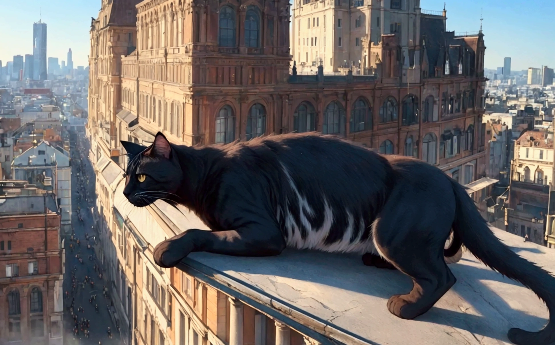 score_9,(best quality,4k,8k,highres,masterpiece:1.2),a ultra-gigantic cat lying on a building, crowd, city, from below, cinematic angle, anime, ultra-detailed,vivid colors,
