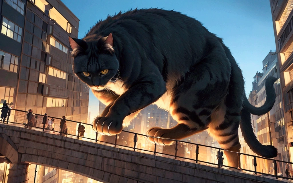 score_9,(best quality,4k,8k,highres,masterpiece:1.2),a ultra-gigantic cat lying on a building, crowd, city, from below, cinematic angle, anime, ultra-detailed,vivid colors,