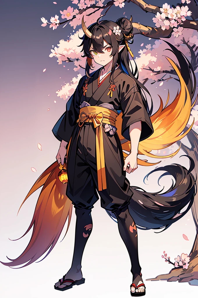 ((masterpiece:1.2)), ((best quality)), ((masterpiece)), ((original)), ((1 man)), ((oni)), ((large oni fangs)), ((muscular body)), ((heterochromia (color 1 honey_color 2 amber)_half-closed)), ((very long hair_black hair_small bun)), ((pale skin_stripes on skin)), ((long tail_tuft of hair on tip of tail)), ((draconic legs)), ((long ears)), ((oni horns)), ((samurai clothes)), male (man), ((full body shot)), ((cherry blossom background))