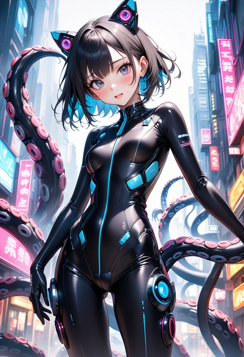 ((Sci-fi black plug suit with realistic neon lightetal mechanical parts、Robot tentacles with neon lights)),, skinny, solo, 1 woman, Masterpiece, highest quality, highest quality, 16K, incredibly absurd, highly detailed, 2.5D, ai-generated, delicate and dynamic, very delicate facial expressions, delicate eye depiction, erotic, only sexy woman, ((A cute and kind face)), healthy figure, ((25-year-old woman)), 160cm tall, medium firm swaying bust, black eye, blush, Sweat,Embarrassed,sexy, ((thin thighs)), shiny and lustrous, Dynamic poses, sexy poses, (A bright sci-fi background, set in a futuristic city),