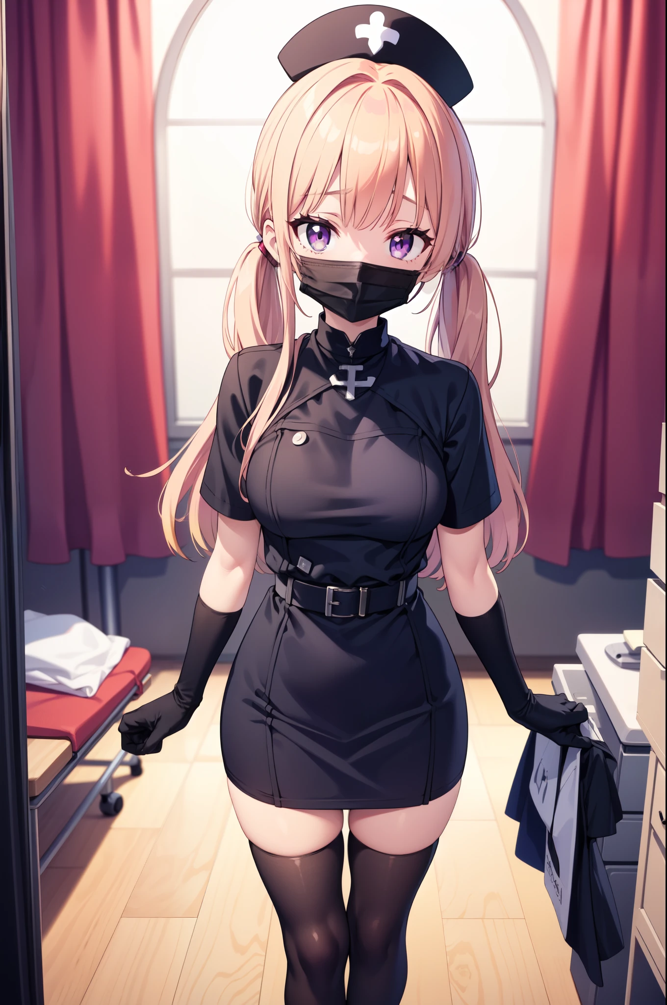 black nurse, 1girl, solo, black nurse cap, black nurse uniform, ((black legwear, zettai ryouiki)), black elbow gloves, twintails, yellow hair, purple eyes, ((black surgical mask, covered nose)), standing, ((surgery room)), sharp outline, short sleeves, best quality, masterpiece