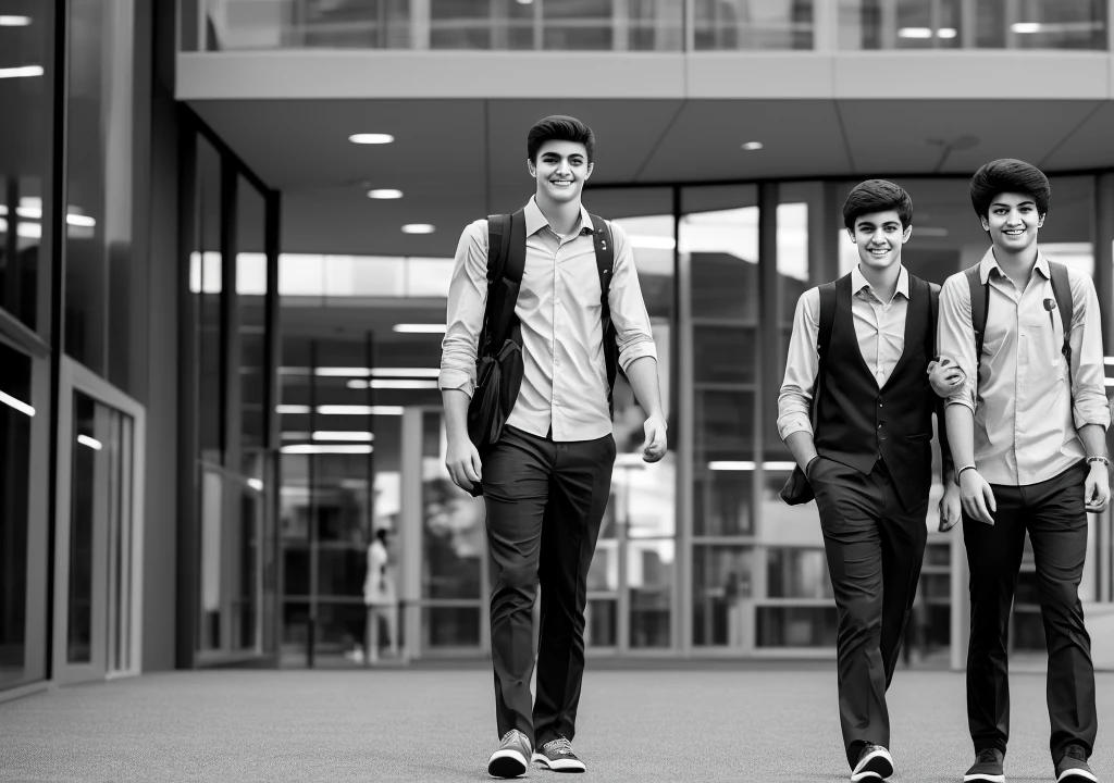 Alex and his friend walking out of a brightly lit college library, the camera capturing Alex's relieved yet bewildered expression. The atmosphere is now normal, with the last faint echoes of whispers."