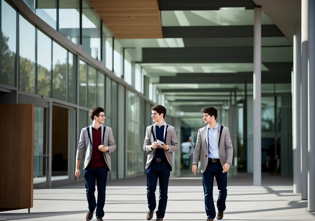 Alex and his friend walking out of a brightly lit college library, the camera capturing Alex's relieved yet bewildered expression. The atmosphere is now normal, with the last faint echoes of whispers."