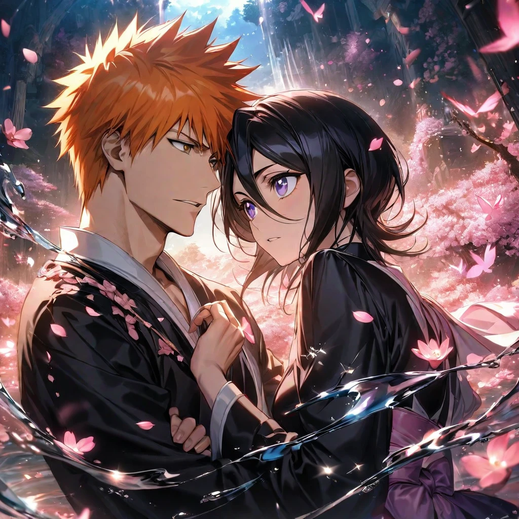 absurdres, highres, ultra detailed, HDR, master piece, best quality, Kurosaki Ichigo, orange hair, expressive brown eyes, Bleach, Kuchiki Rukia, black hair, expressive purple eyes, handsome man together with a beautiful woman, couple, black clothes, magical, fantasy, shining, water, pink flowers, blossoms, pink butterflies, pink petals