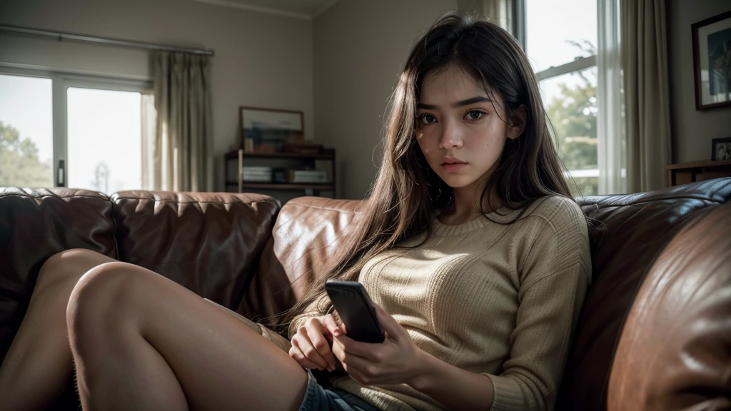 A frustrated teenager, beautiful detailed eyes, beautiful detailed lips, extremely detailed face, long eyelashes, ruffled hair, frowning expression, holding remote control, sitting on couch in living room, sunlight streaming through window, modern minimalist interior, warm lighting, pensive thoughtful mood, cinematic composition, realistic 8k, masterpiece, photorealistic, chiaroscuro lighting, moody colors