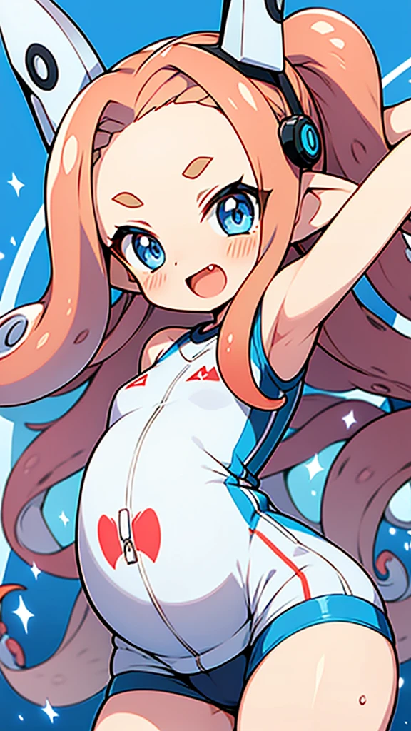 Super skillful anime illustration,Boxercise at the gym,
splatoon style,cute girl,white long Hair,shiny delta forehead,Bangs parted in middle of forehead,blue eyes,white battle suit,baby face,Octopus sucker-shaped headgear,open mouth smile,pregnant,