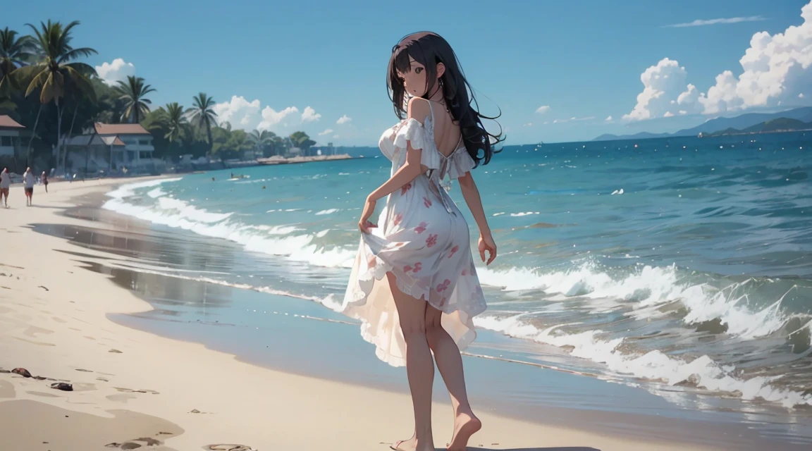 Anime style, young woman in white lace dress, long hair, seaside background, standing, bare feet. Holding sandals behind her back