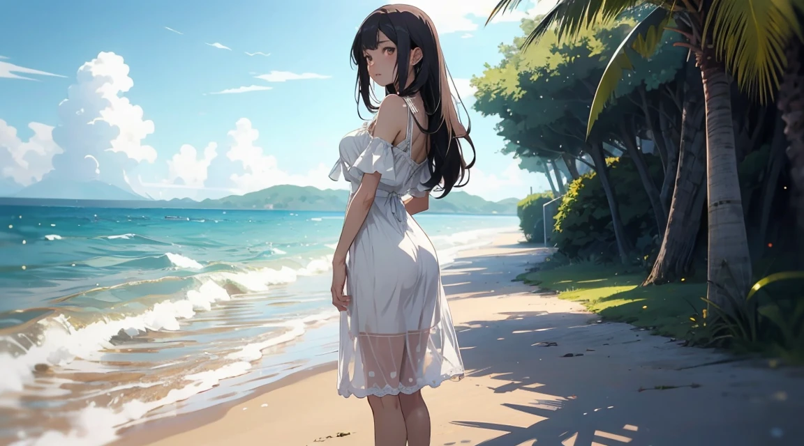 Anime style, young woman in white lace dress, long hair, seaside background, standing, bare feet. Holding sandals behind her back