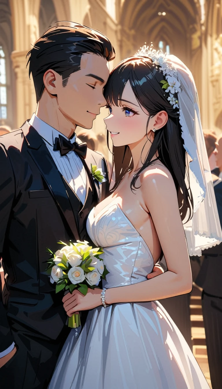 masterpiece , modern, Verism, masterpiece, super detail, best quality, 4K ,(((head shot))),Male and female couple standing side by side,a woman,Wedding dress, a man ,tuxedo,church,wedding,Happy atmosphere, People who bless those around, Blurred background