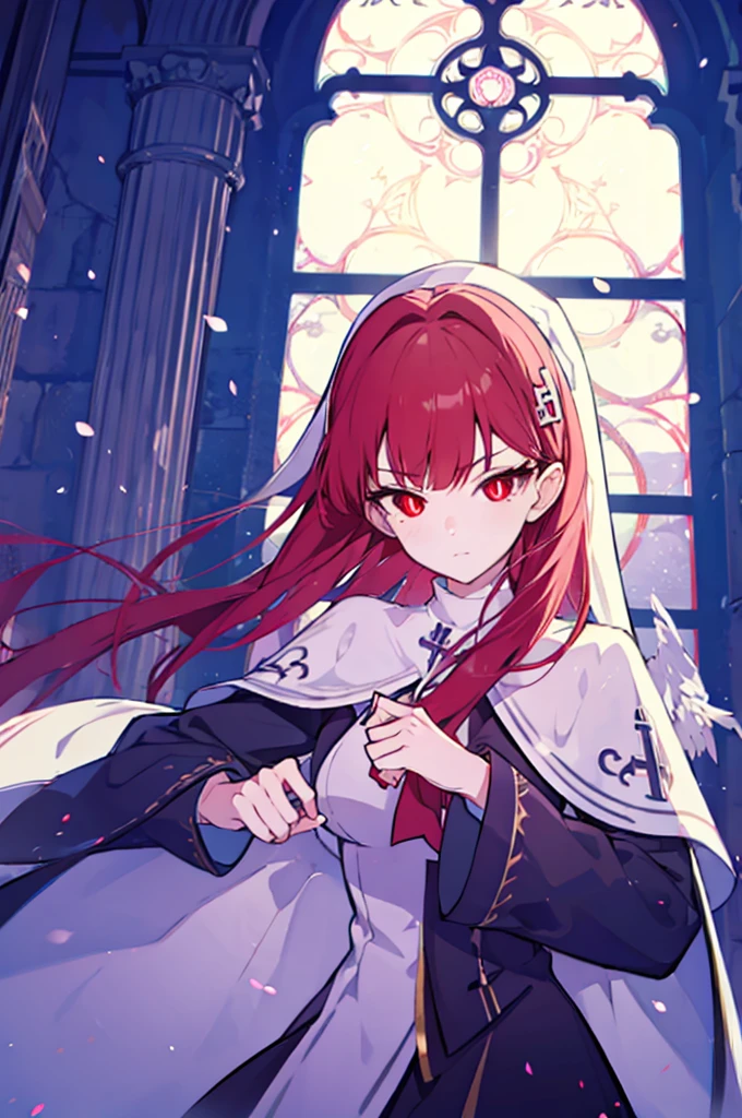 1girl, red hair, solo focus, clearly, red eyes, very long hair, stole, priest, Bishojo, church,dynamic angle,dynamic pose,