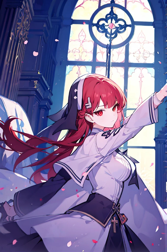 1girl, red hair, solo focus, clearly, red eyes, very long hair, stole, priest, Bishojo, church,dynamic angle,dynamic pose,