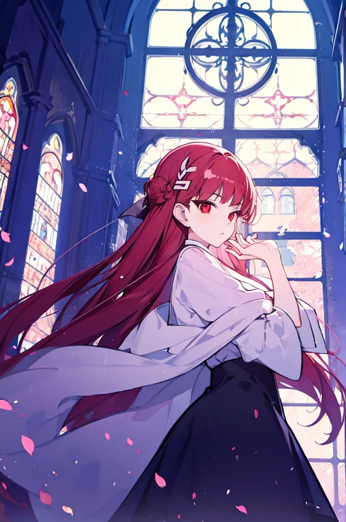 1girl, red hair, solo focus, clearly, red eyes, very long hair, stole, priest, Bishojo, church,dynamic angle,dynamic pose,