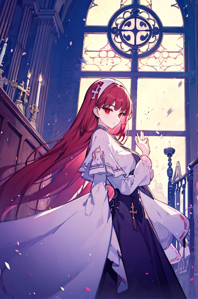 1girl, red hair, solo focus, clearly, red eyes, very long hair, stole, priest, Bishojo, church,dynamic angle,dynamic pose,