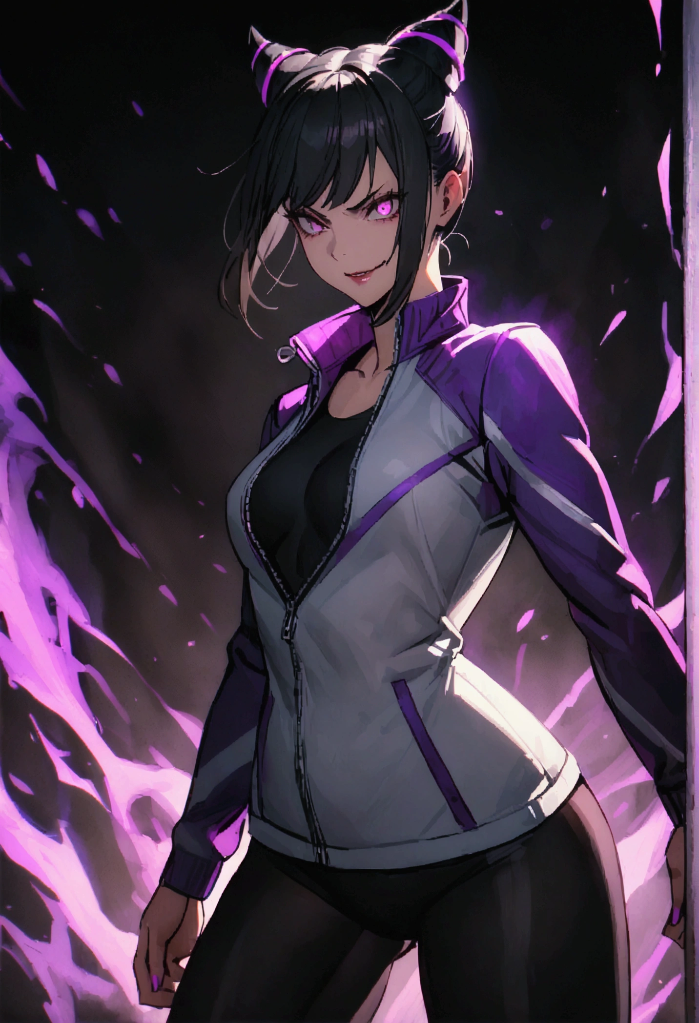beautiful young fitness woman with , in a gym wearing May with black pantyhose, white and purple fitted gym jacket. standing alone,hair horns,bright purple eyes,Evil smile,legging preto aura roxa,crossed arms