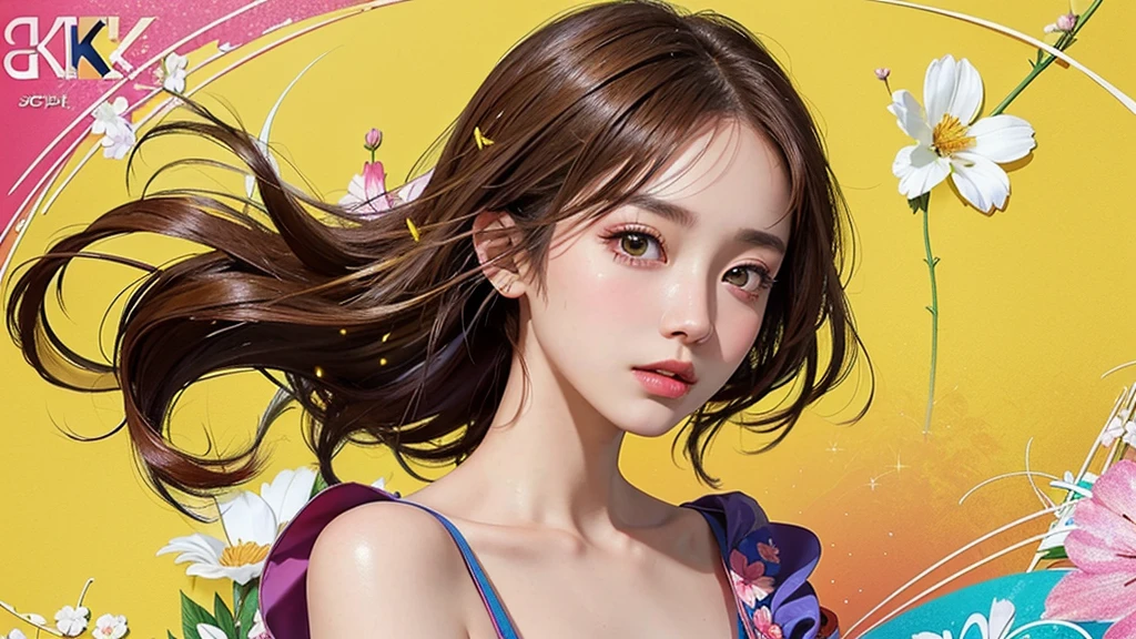 One girl, alone, flower畑, flower, (Official Art, unity 8k wallpaper, Super detailed, beautifully、aesthetic, masterpiece ,Highest quality:1.3), (Dynamic Angle:1.4), (Floating colorful sparkles:1) , elegant, Vibrant colors, Highly detailed face, Detailed eyes, Glowing Skin, Glossy Lips , Red and yellow background, Brown short hair,