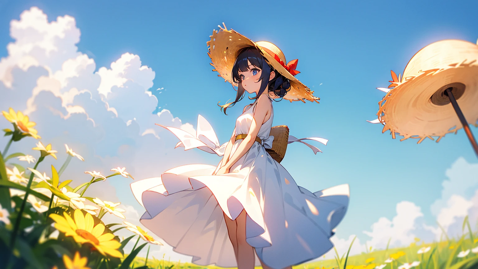 A girl wearing a straw hat and a white dress standing in summer