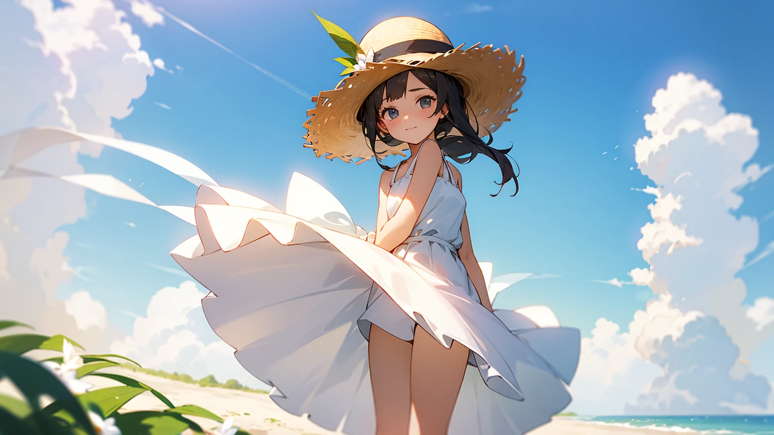 A girl wearing a straw hat and a white dress standing in summer
