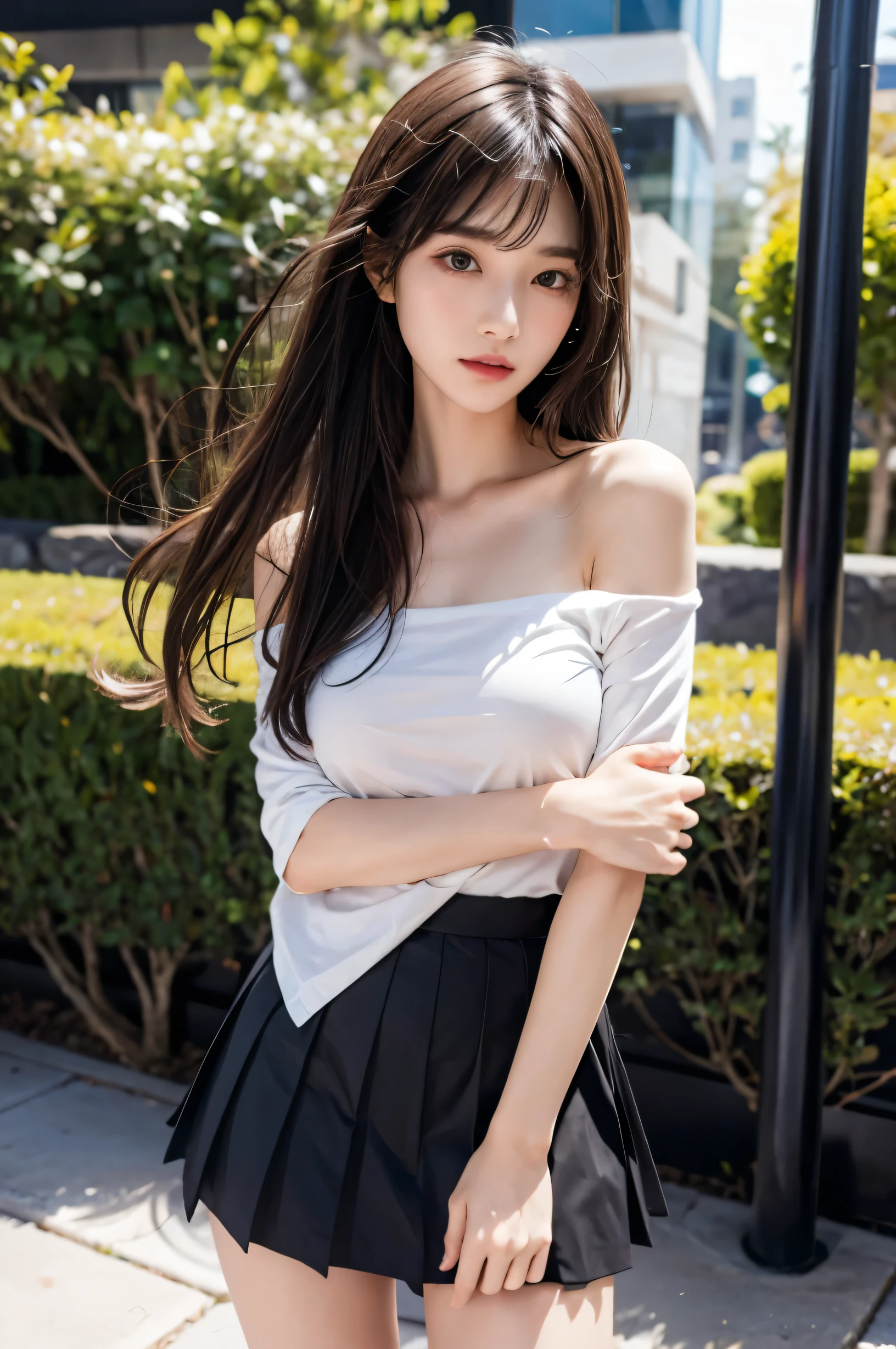 (ultra HD), (White sleeveless off-the-shoulder shirt, Black pleated mini skirt), Big Breasts, Slender, whole body, (Clean and shiny skin, Whitening, No makeup), (超Slenderな顔立ち, Super beautiful face, Delicate face), (long hair, Layered Cut, Fluffy hair,light brown), (Patchy double eyelids, Slanted Eyes), Small Nose, Thin lips, Thin legs, bustling street