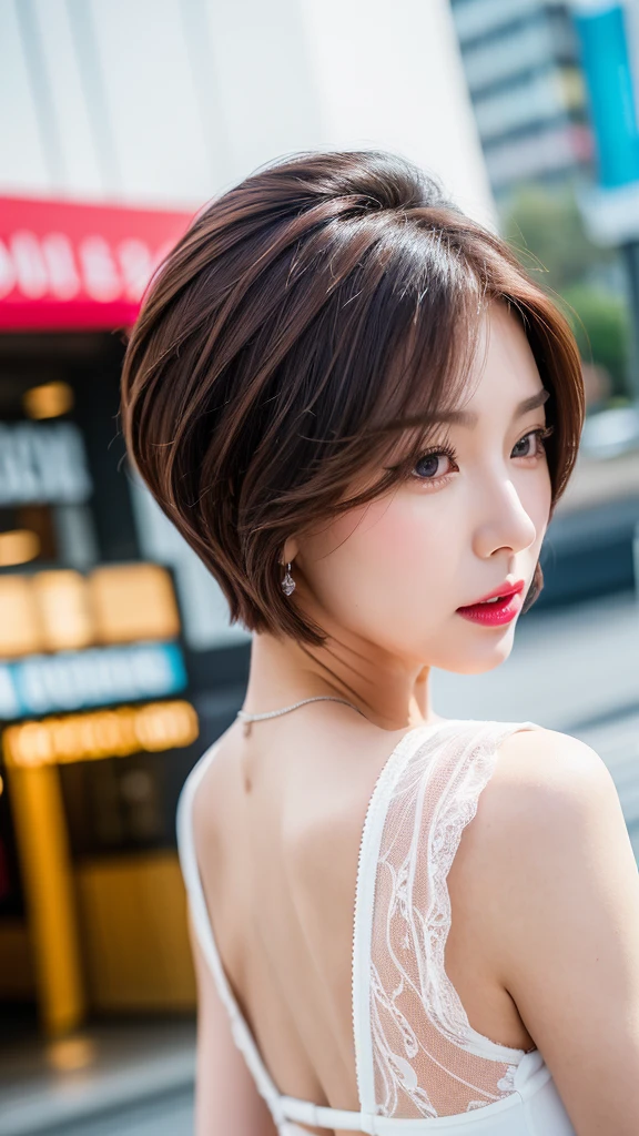 Highest quality, Face Focus, Soft Light, Ultra-high resolution, (Realistic:1.4), Mom Korean. 37 years old)). Slim Abs:1.2.. Makeup face. Red lipstick. (((Short brown hair))). ((I rode it a lot)). Show me your ears. In front of the camera. Ear texture. Ear hole details. Realistic. Close-up shot of an ear. From the thigh up. Shot from behind. Shot from behind. Show me your ears. In front of the camera. Ear texture. Ear hole details. Realistic. Close-up shot of an ear. At close range. Shot from behind. Shot from behind. (Shooting in the city),(White lace underwear),