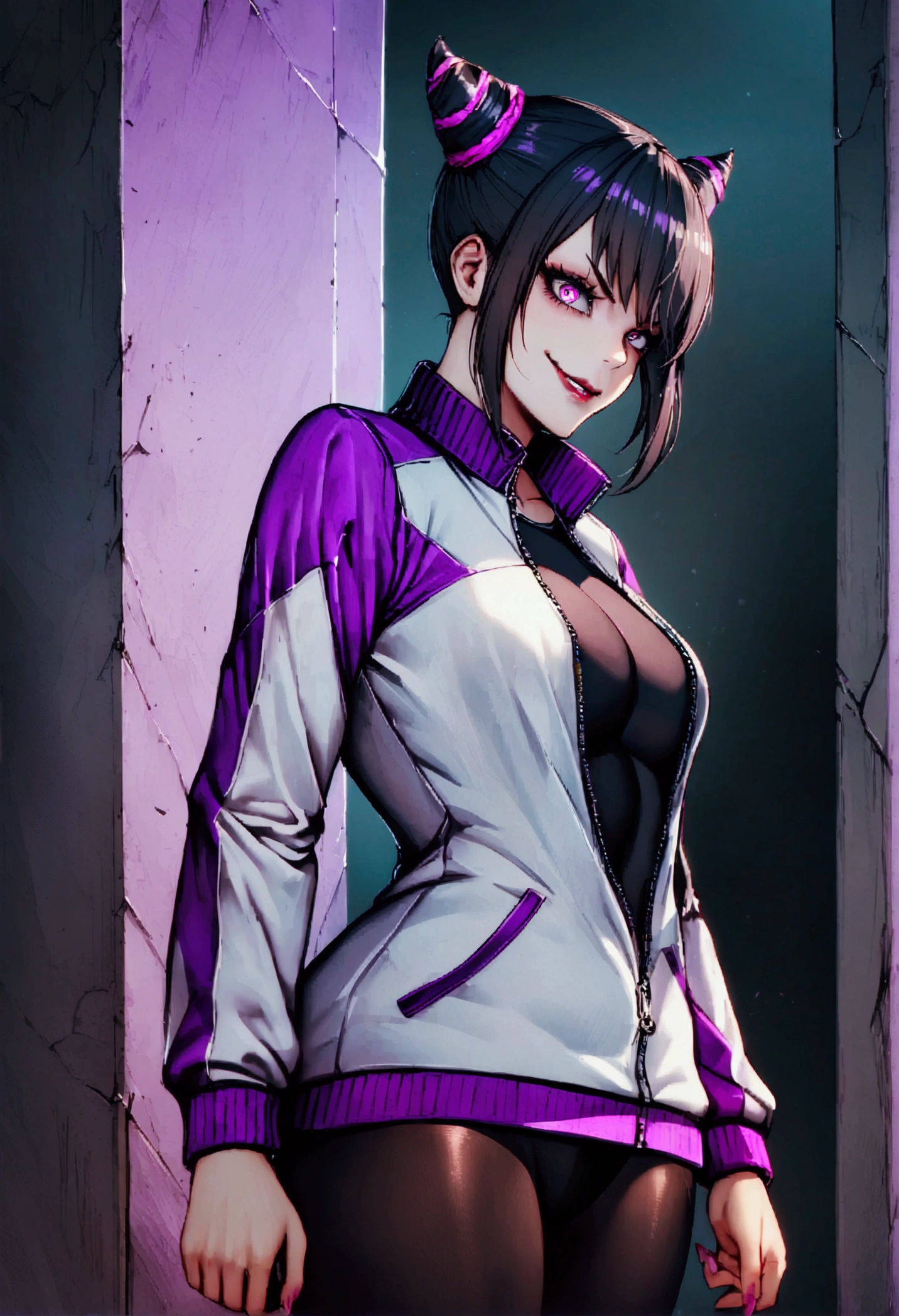 beautiful young fitness woman with , in a gym wearing May with black pantyhose, white and purple fitted gym jacket. standing alone,hair horns,bright purple eyes,Evil smile,black leggings with purple details,luz roxa