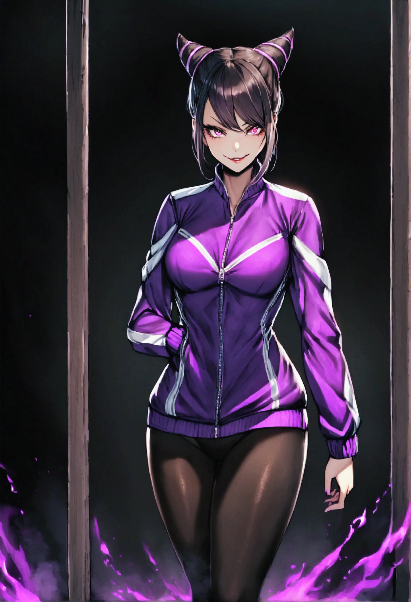 beautiful young fitness woman with , in a gym wearing May with black pantyhose, white and purple fitted gym jacket. standing alone,hair horns,bright purple eyes,Evil smile,black leggings with purple details,luz roxa