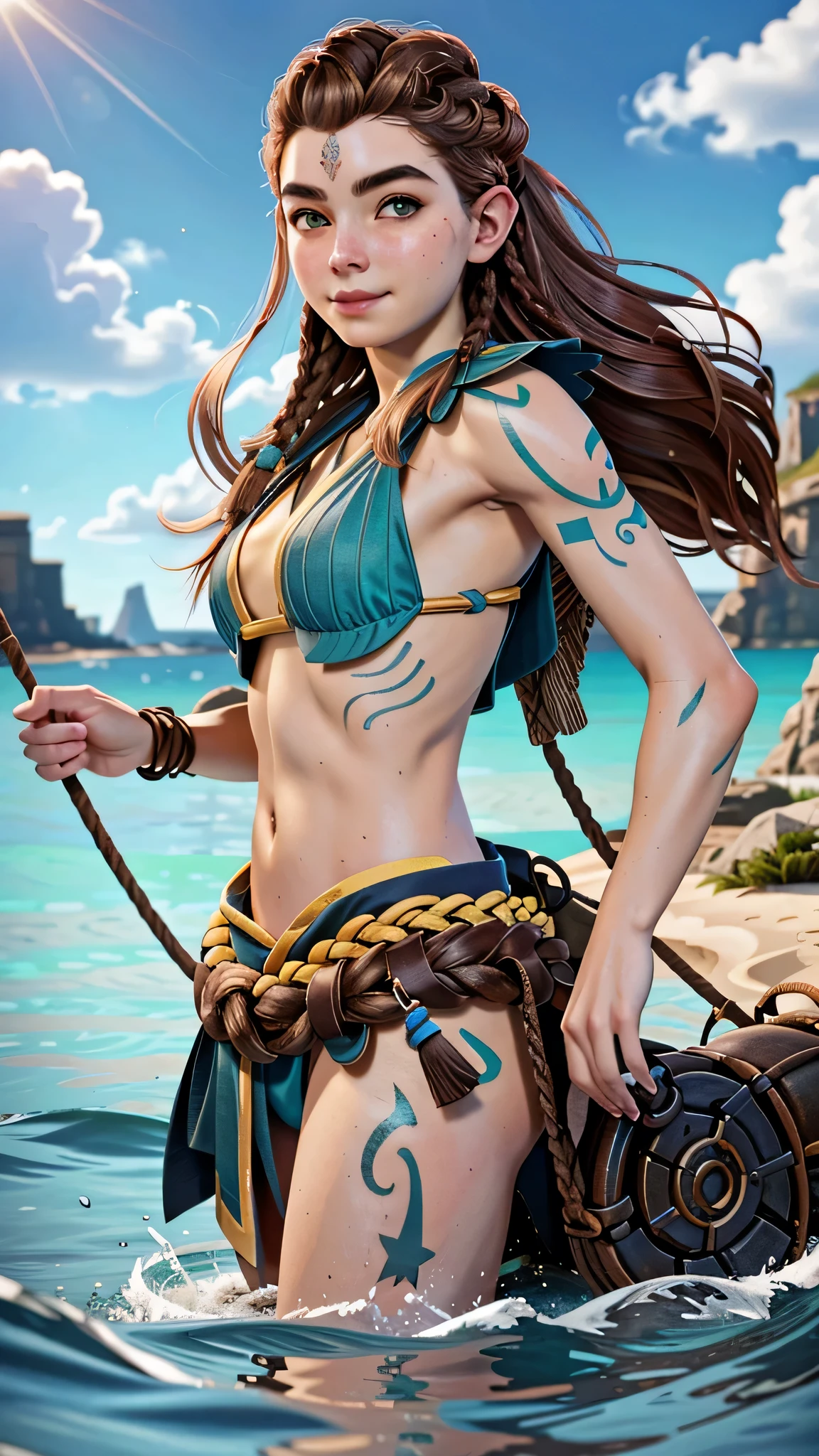 (masterpiece, best quality) 1 girl, AloyHorizon, alone, Long hair, smile, Brown hair, Hair decoration, navel, brown eyes, weave, outside, parted lips, heaven, day, Size,cloud, Red hair, aquatic, from behind, blue heaven, lips, tattoo, Ozean, thick eyebrows, him, rope, freckles, realisti, nose, Dreadlocks, sexly Mädchen, 比基尼, ::比基尼, ::small 比基尼, Action pose, ::sexly