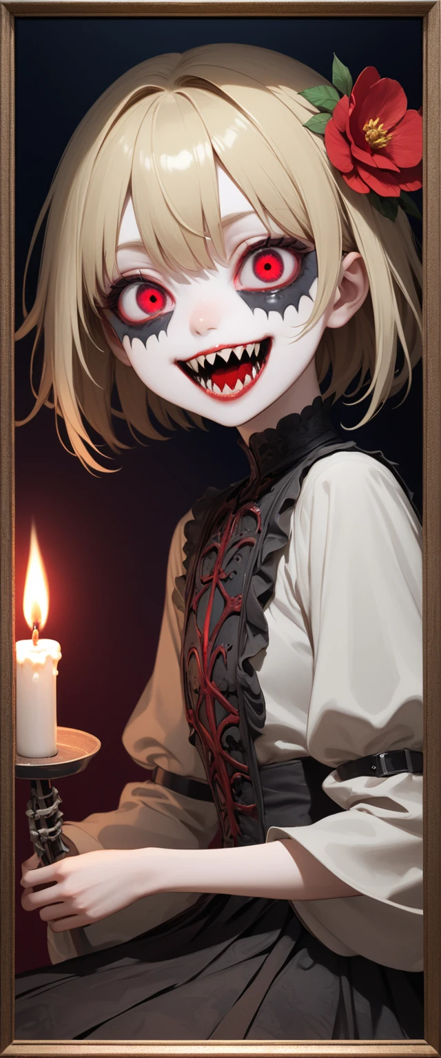masterpiece, Highest quality, High resolution,(Highest quality,4K,High resolution,masterpiece:1.2),Very detailed,Realistic:1.37,masterpiece, Highest quality, Exquisitely crafted, woman, beautiful, elegant, smile, Blood, iridescent Long Hair, bangs, skirt, shirt, Long sleeve, Frills, shoes, (Red and Black:1.4), flower, spooky, Horror, 頭蓋Bones, Long Hair, Black Hair, Candles, Blood, hair flower, Dead, hair ornaments, Bone, doll, 頭蓋Bone, skeleton, Horror (theme),spooky altar background,Dark fantasy,Red color scheme,Ominous atmosphere,eyeを引く,Storytelling,anatomy,Anime Style,Concept Art,beautiful細部までこだわった顔と (((赤いeye ))),A terrifying ritual ,Satanic Ritual,Premature death,Misconduct,クレイジーなsmile,Scythe Face,Girl Monster, beautiful, Delicate facial features, 鋭いeye, Sharp Fangs, 青White skin, blonde,robot,Cursed Painting, Dark Background, Cinema Lighting, Dramatic Shadows, Gothic style, Gloomy atmosphere, Dark fantasy, One Girl, , Please open your mouth wide, Open your mouth and baring your teeth,Sharp teeth like a beast, Wide lips, very wide mouth, Vermilion cheeks, ,(Bloodしぶき:1.4),Scary smile, smile,Fallen angel design, ねじれたsmile、Bloodまみれの、頭からの出Blood,、Bloodしぶき、,(Bloodしぶき:1.4),Crossbones, 頭蓋Bone,Horror 一人の男の子, Cream colored hair, Gray Hair, Pearly hair, nice boy, Bunny ears, Loose-fitting clothing, Larger clothes, dark red eye, eyeの下のたるみ, dark circles under eye, やみcute, Fluffy hair, Voluminous Hair, skinny, slim, very skinny, Androgynous, cute, spooky, short hair, Horror, Faded colors, White skin, spooky, Unnaturally thin, I&#39;m hungry, eye, eye in background, sharp eye, Long eyelashes, Under the eyelashes, Loose shorts, レースshirt, Frillsshirt, Tie the ribbon&#39;head, Detailed clothing, A loose cardigan, Open cardigan, 滴るBlood, that&#39;terrible, nightmare, Haunted, stitch, patchwork, string, Injury, hell, Injury on arms, self-harm, cut, Black Fingers, factory, Abandoned, A dismembered ghost,Many heads,Many heads,Lots of faces,Multiple faces,Multiple Girls,Frolicking Girl,複数のwoman,tea ,クレイジーなsmile,look up,Face shot,Scythe Face,Girl Monster, slave,beautiful, Detailed portrait, Delicate facial features, 鋭いeye, Sharp Fangs, 青White skin, Thick chain, Dark Background, Cinema Lighting, Dramatic Shadows, Gothic style, Gloomy atmosphere, Dark fantasy, One Girl, , Please open your mouth wide, Open your mouth and baring your teeth,Sharp teeth like a beast, Wide lips, very wide mouth, Vermilion cheeks, ,(Bloodしぶき:1.6),Scary face, Laughter　Witch design, ねじれたsmile、Bloodまみれの、頭からの出Blood,,、Bloodしぶき、,(Bloodしぶき:1.6),Crossbones, 頭蓋Bone,　, Horrorスタイル, ((Fantasy Witch Costume)), ((Flowing white hair)), ,(Bloodしぶき:1.6),womanの曲線, Large Breasts, Thick thighs, Sexy flat stomach, Perfect hands, Perfect anime face, ((dark lolita dress)), Are standing, ((邪悪なsmile)), ,(Bloodしぶき:1.6),Victorian cities, gaslight, Steam circulates, Moonlight Illumination, night lighting, A sky filled with stars and galaxies,disaster々new devil horns,,(Bloodしぶき:1.6),アニメゾンビWitch design, ねじれたsmile、Bloodまみれの、頭からの出Blood,,、Bloodしぶき、,(Bloodしぶき:1.6),Crossbones, 頭蓋Bone,,Photo Background,Wide Shot,Scythe Face,Girl Monster, slave,beautiful, Detailed portrait, Delicate facial features, 鋭いeye, Sharp Fangs, 青White skin, Thick chain, Dark Background, Cinema Lighting, Dramatic Shadows, Gothic style, Gloomy atmosphere, Dark fantasy, One Girl, , Please open your mouth wide, Open your mouth and baring your teeth,Sharp teeth like a beast, Wide lips, very wide mouth, Vermilion cheeks, ,(Bloodしぶき:1.6),Scary face, Laughter　Witch design, ねじれたsmile、Bloodまみれの、頭からの出Blood,,、Bloodしぶき、,(Bloodしぶき:1.6),Crossbones, 頭蓋Bone,　, Horrorスタイル,
