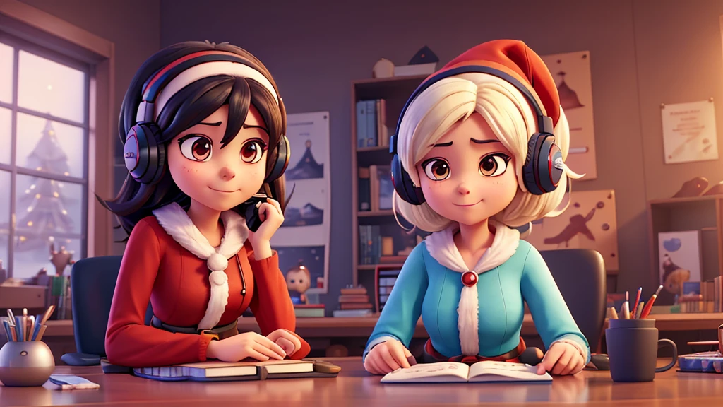 arafed woman in santa outfit sitting at a desk with a book and headphones, anime style 4 k, christmas night, realistic artstyle, background artwork, trending on cgstation, fanart best artstation, artgerm and atey ghailan, artwork in the style of guweiz, 8k high quality detailed art, anime art wallpaper 4 k