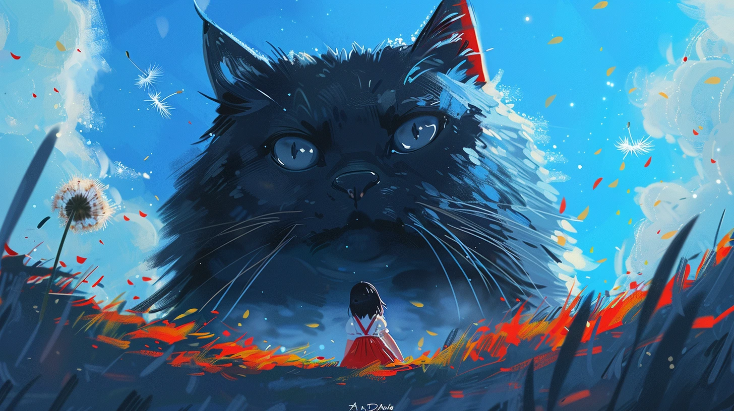 一只巨大的黑猫与穿着红裙的小女孩，童真与神秘交织成一幅温馨画面
