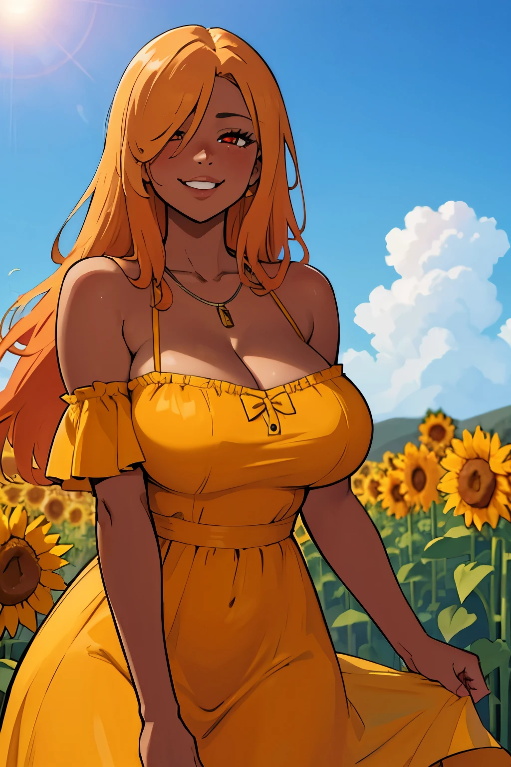 Beautiful mature woman, 1girl, orange hair, red eyes, extremely long hair, hair covering one eye, freckles on face, happy, smiling, blushing, thick lips, full lips, huge breasts, extreme cleavage, deep cleavage, very thin body, dark skin, yellow off-shoulder sun dress, yellow dress, strapless, simple necklace, perfect anatomy, field of sunflowers background, detailed background, ultra-detailed, 4k, 8k, best quality, masterpiece