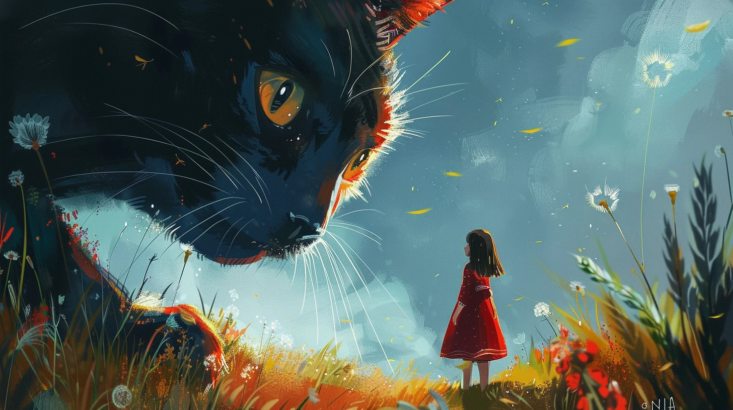 一只巨大的黑猫与穿着红裙的小女孩，童真与神秘交织成一幅温馨画面