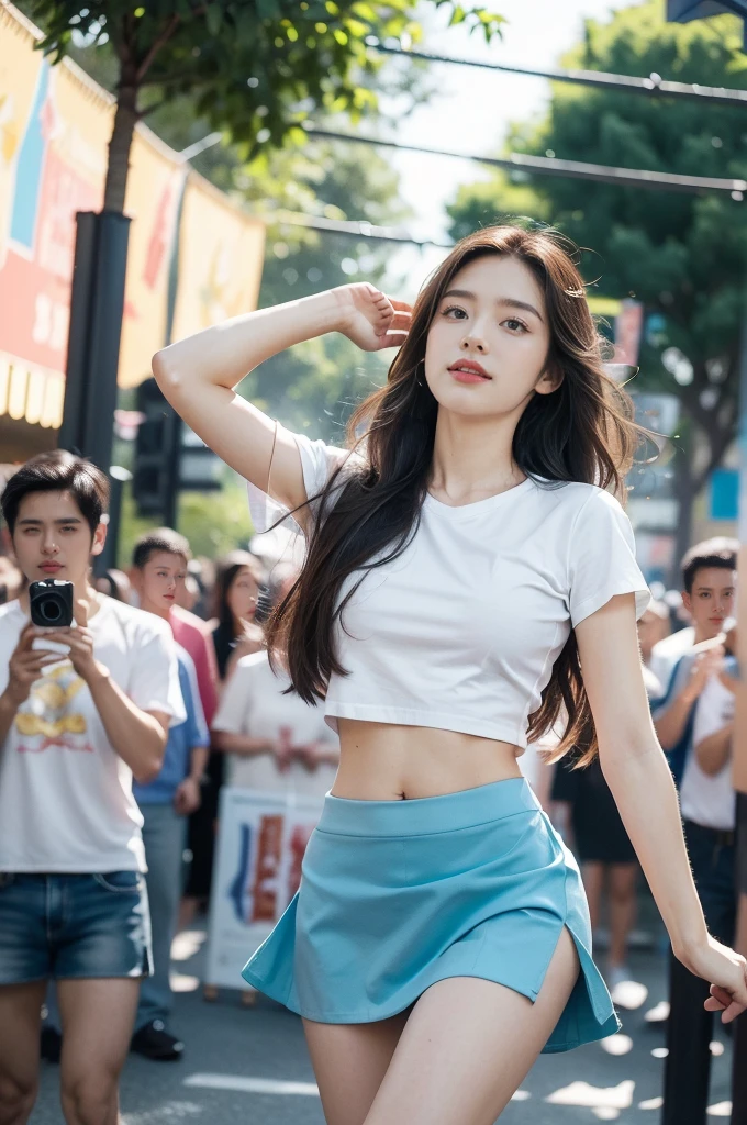 (((best quality))), (((ultra detailed))), (((masterpiece))), illustration,((a beautiful girl,solo)),((slim,thin)),((small breasts,flat chest,claviclis,navel)),(white T-shirt with short blue sleeves:1.5),(blue mini-skirt:1.3),(slender legs:1.2),dancing,((on a stage,outside a shopping mall, at the entrance of a beer promotional event,on the street)), ((surrounded by crowded crowds)),((her hair and the edges of her skirt fluttering in the air)), the girl's attire reflecting the vibrant spirit of summer, a sense of youthful charm and confidence exuding from her, her hair flows freely in the wind, the fluttering skirt accentuating her graceful movements, her expressive eyes and infectious smile drawing people closer, the stage adorned with colorful decorations, the vibrant atmosphere enhanced by the enthusiasm of the crowd, onlookers of various ages captivated by her performance, clapping, cheering, and taking photos, the girl's graceful dance transforming the ordinary streets into a vibrant and lively venue, her energy and charisma captivating the audience, the scene encapsulating the spirit of summer and the beauty of artistic expression,(night scene:1.3),(from front:1.3)