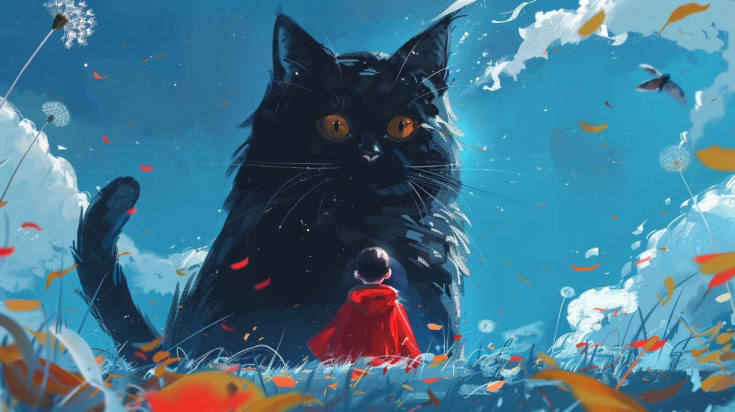 一只巨大的黑猫与穿着红裙的小女孩，童真与神秘交织成一幅温馨画面