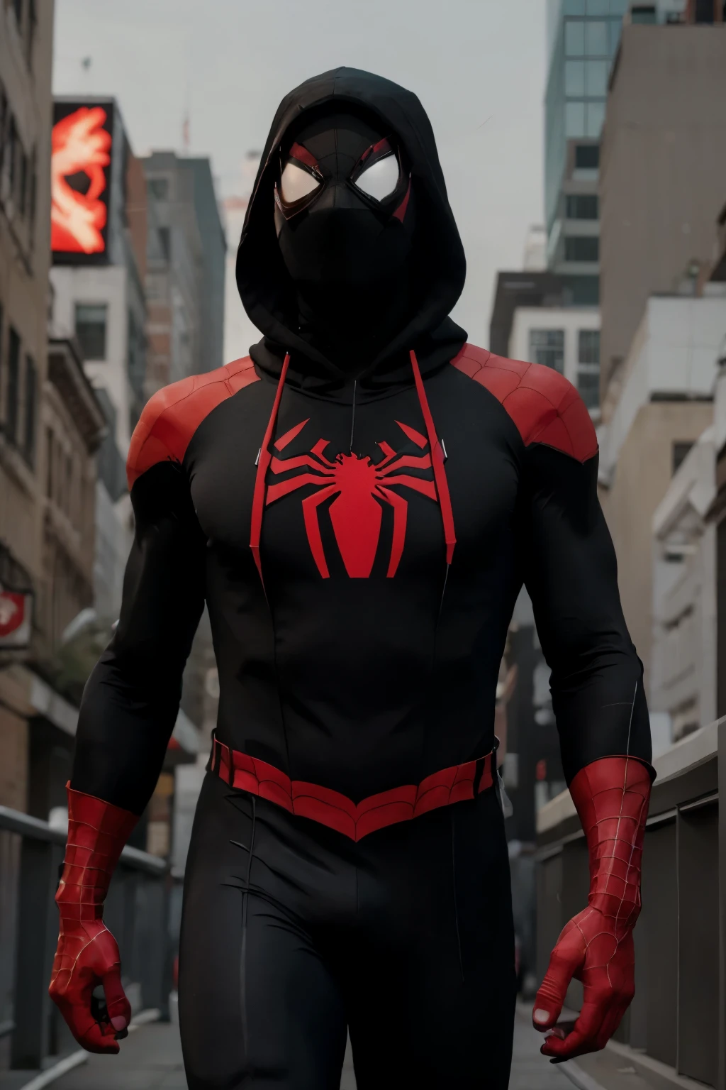 Boy, black with red lining spider suit, masked, hood