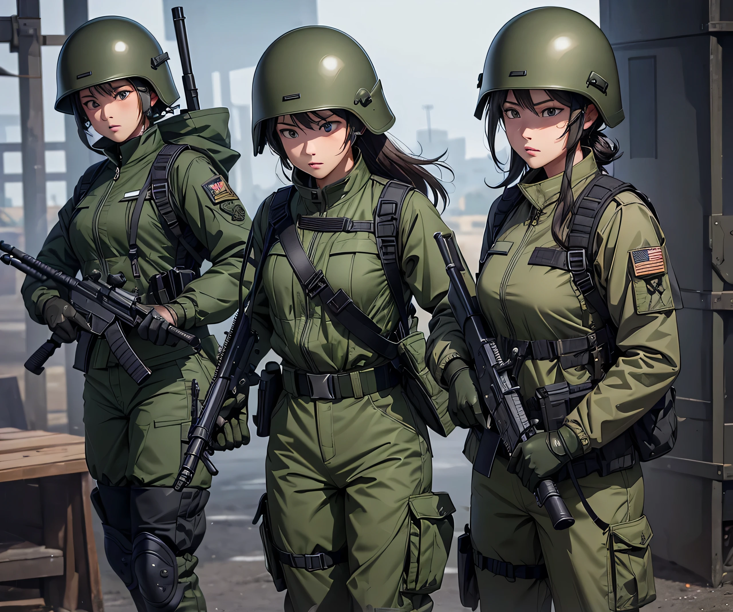 A group of female soldiers with guns fighting、Wearing dark green M-51 military windbreaker、Wear a steel helmet、Tactical Vest、Gloves、Military Pants、Knee pads，Front view、Write details、masterpiece、best quality、Highly detailed CG、8K picture quality