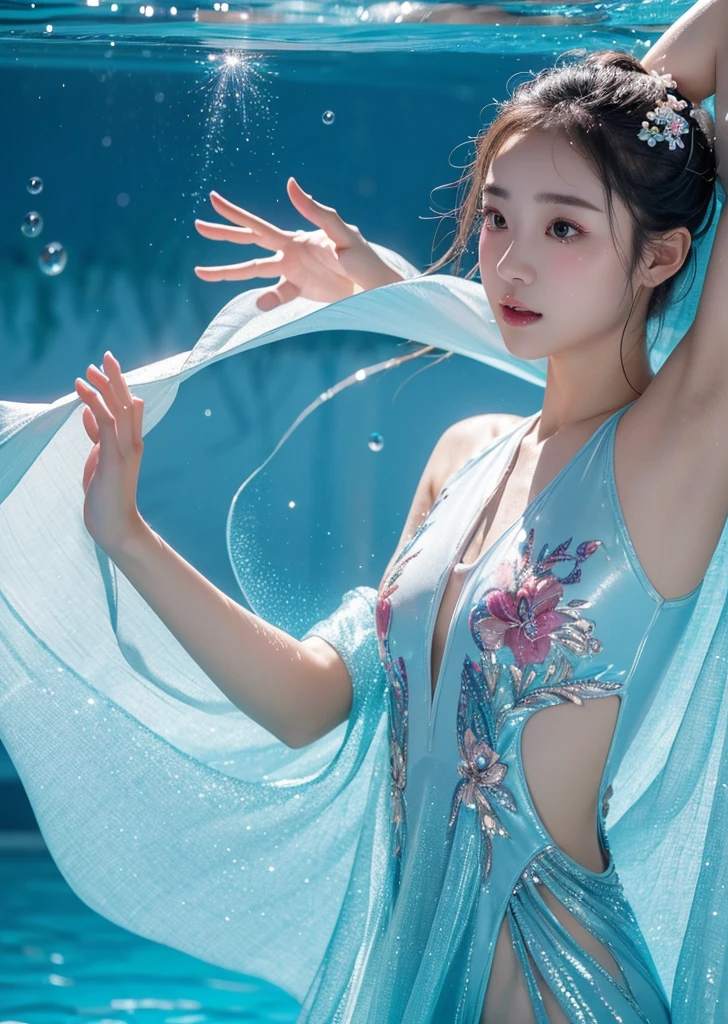 Diffuse lighting、 Highest quality, High resolution, unity 8k wallpaper、Supersaturation, Japanese、1 female、23age、Synchronized swimming athletes、World Congress、Serious expression、Floral Outfit、Upper body in water、Dancing in the water、Dancing、Pool、Sparkly costume、artistic swimming、