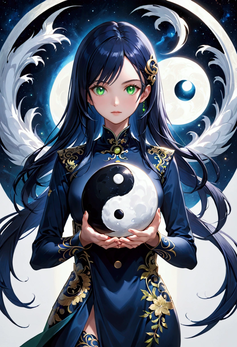 Girl with dark blue hair, green eyes,tall rectangular body figure, mature,holding ying yang symbol