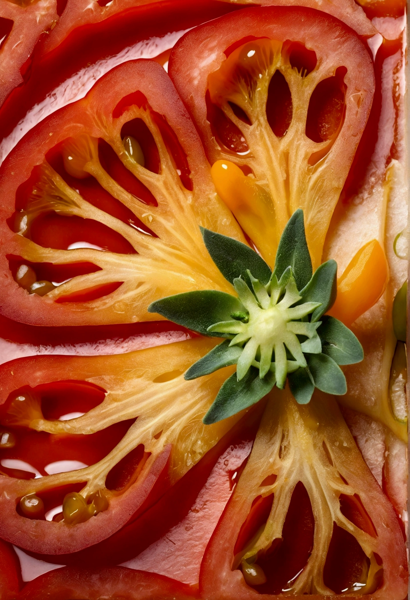 A juicy, vibrant quarter of a Longa Vida tomato, sliced vertically, showing the fresh and succulent interior. The piece should be rich in color with glistening seeds and a slightly shiny surface, emphasizing its juiciness. Only this single piece should be visible, with no green stem. --v 5 --ar 16:9