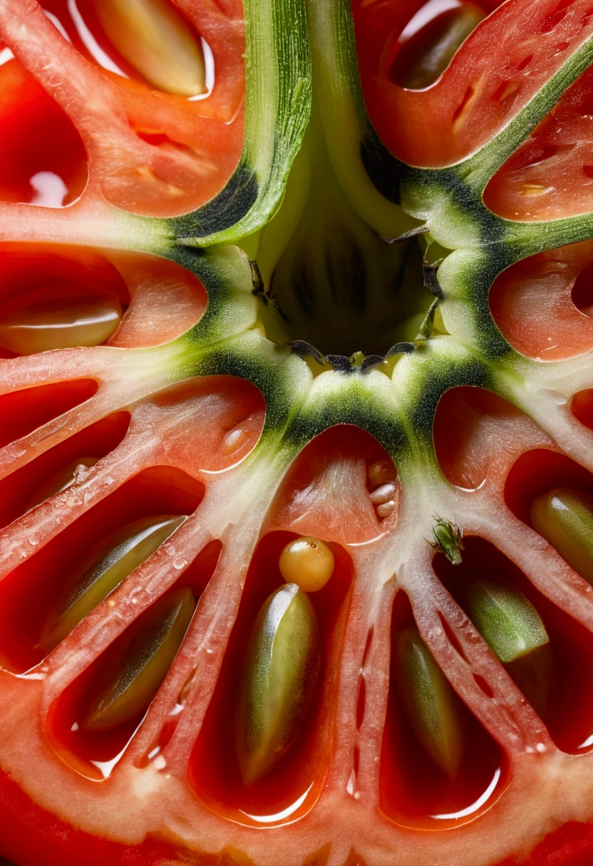 A juicy, vibrant quarter of a Longa Vida tomato, sliced vertically, showing the fresh and succulent interior. The piece should be rich in color with glistening seeds and a slightly shiny surface, emphasizing its juiciness. Only this single piece should be visible, with no green stem. --v 5 --ar 16:9
