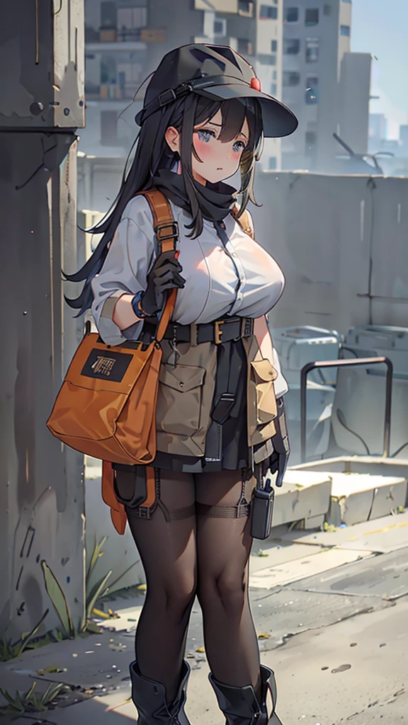 a busty girl，wearing the pantyhose and garter belt stockings and fishnet stockings，fleshy thigh ，thick thigh ，big round breasts，huge breasts ，perfect body；The sun blazes down on the construction site, bathing the entire scene in harsh, bright light and intense heat. Despite this, the female construction worker remains focused on her task, beads of sweat dotting her brow. The site is cluttered with building materials such as bricks, concrete, and steel bars. Around her rise half-completed skyscrapers, cranes moving slowly in the distance as workers toil at their respective posts. She wears a dark blue or gray coverall with multiple pockets, a sturdy safety helmet with a broad brim, and gloves to protect her hands from the roughness of tools and materials. Her feet are clad in robust work boots, and around her waist hangs a tool belt holding essential items like a hammer, screwdrivers, and a measuring tape.